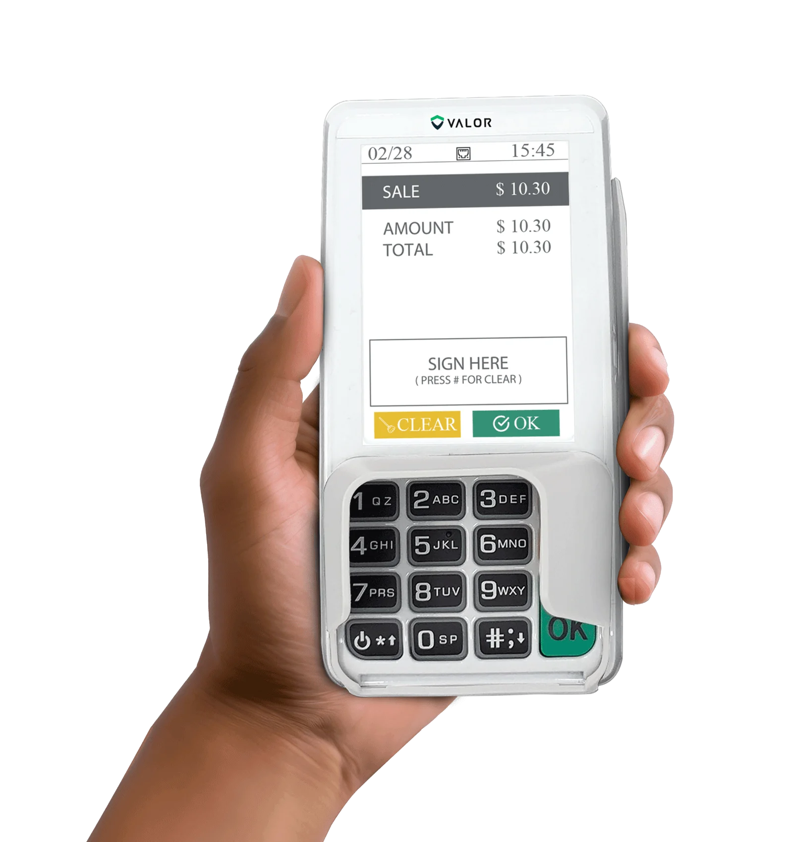 Hand holding a Valor Pay terminal mid-sale, showing the amount and signature prompt.
